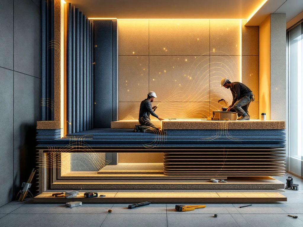 Hotelkamer renovatie met werknemers die geluiddempende panelen installeren, gouden geluidsgolven zichtbaar