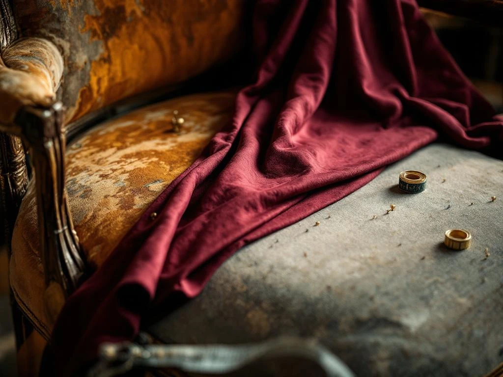 Antieke fauteuil tijdens restauratie met half oude en half nieuwe bordeauxrode bekleding, meubelmakergereedschap op werkbank