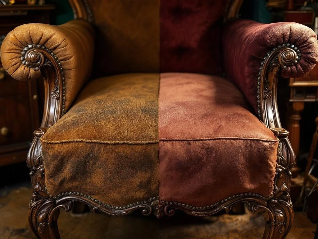 Antieke houten stoel met gesneden details, half gerestaureerd met nieuwe bekleding naast origineel leer op werkbank