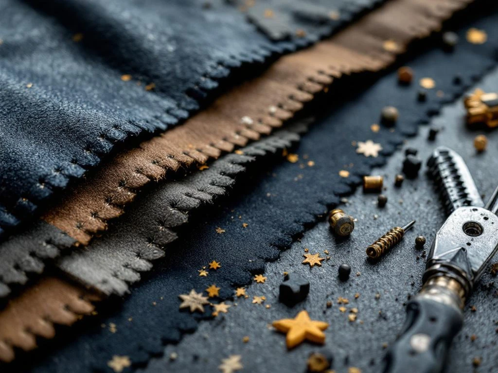Professionele bekleding gereedschap en materiaalstalen op werkoppervlak met leer en industriële stoffen
