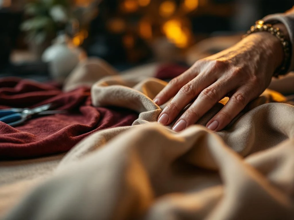 Vakkundige handen werken aan luxe bekleding in bordeaux en crème tinten op ambachtelijke werkbank