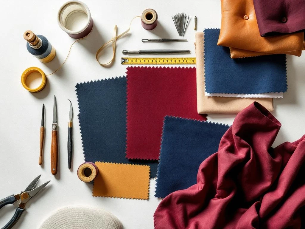 Professionele stoffeergereedschappen en materialen op witte werkbank met luxe stoffen, naalden en leermonsters