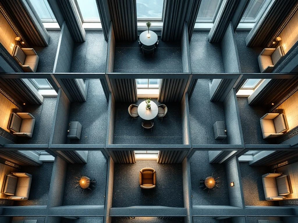 Bovenaanzicht van identieke kantoorruimtes in rasterpatroon met bijpassende stoelen en gordijnen in blauw en crème