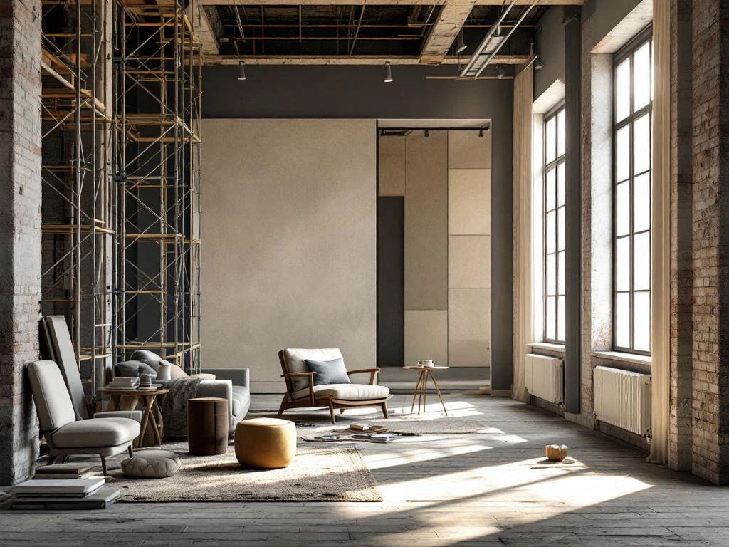 Commercieel gebouw tijdens renovatie met blootgestelde bakstenen muren, steigers en moderne kantoorafwerking op achtergrond