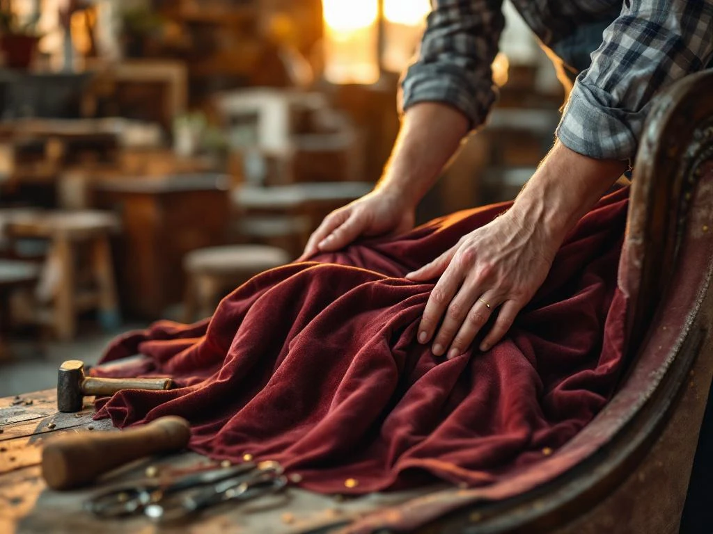 Vakkundige handen bekleden een stoel met bordeauxrood fluweel in een professionele meubelrestoratie werkplaats