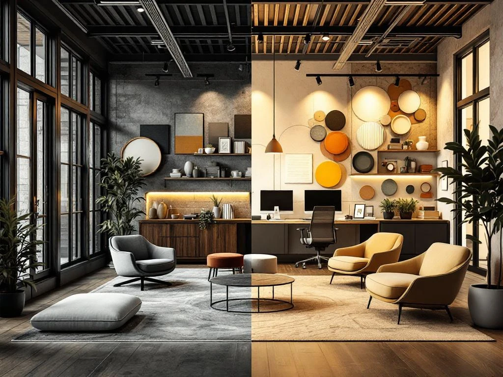 Kantoorruimte transformatie van traditioneel naar duurzame werkplek met hergebruikte meubels en circulaire pijlen