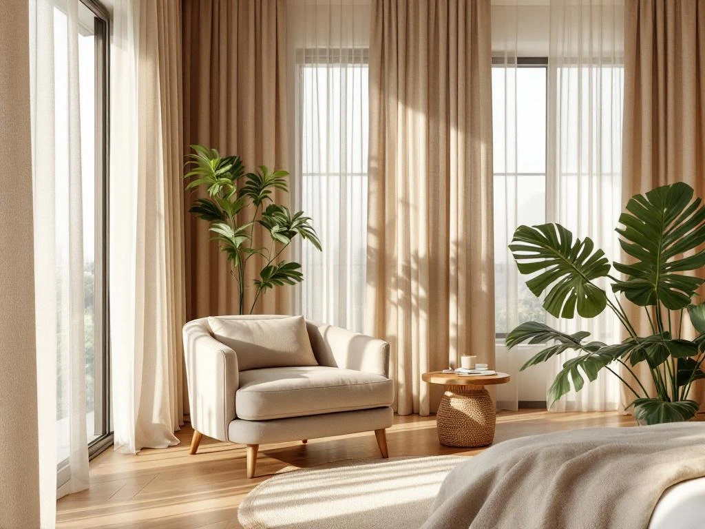 Luxe hotelkamer met duurzame bamboe vloer, linnen fauteuil, gerecycled hout meubilair en groene planten in warme tinten