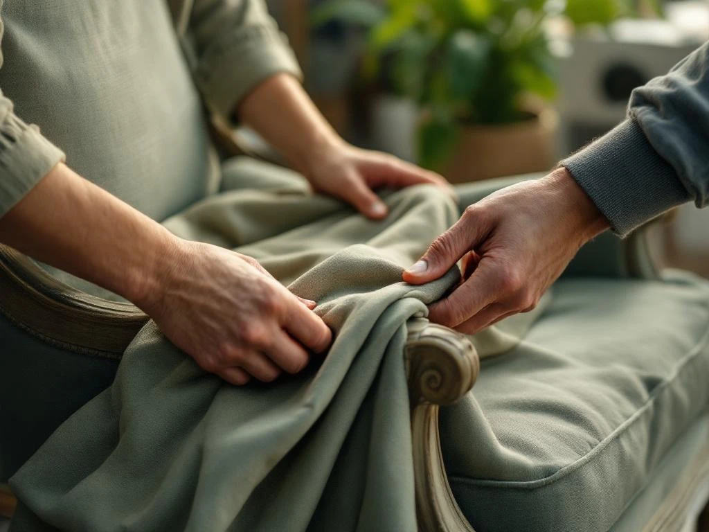 Vakkundige handen bekleden klassieke fauteuil met duurzame linnen stof in natuurlijke aardetinten