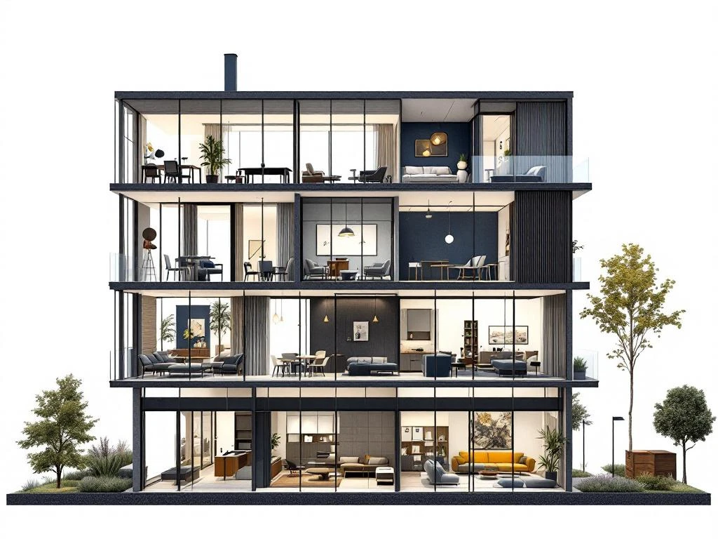 Doorsnede van modern kantoorgebouw met verschillende interieurruimtes, kantoor, woonkamer en commerciële ruimte