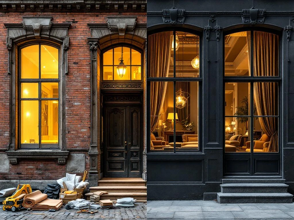 Historisch gebouw renovatie voor en na: verweerd origineel links, elegant gerestaureerd met stoffen interieur rechts