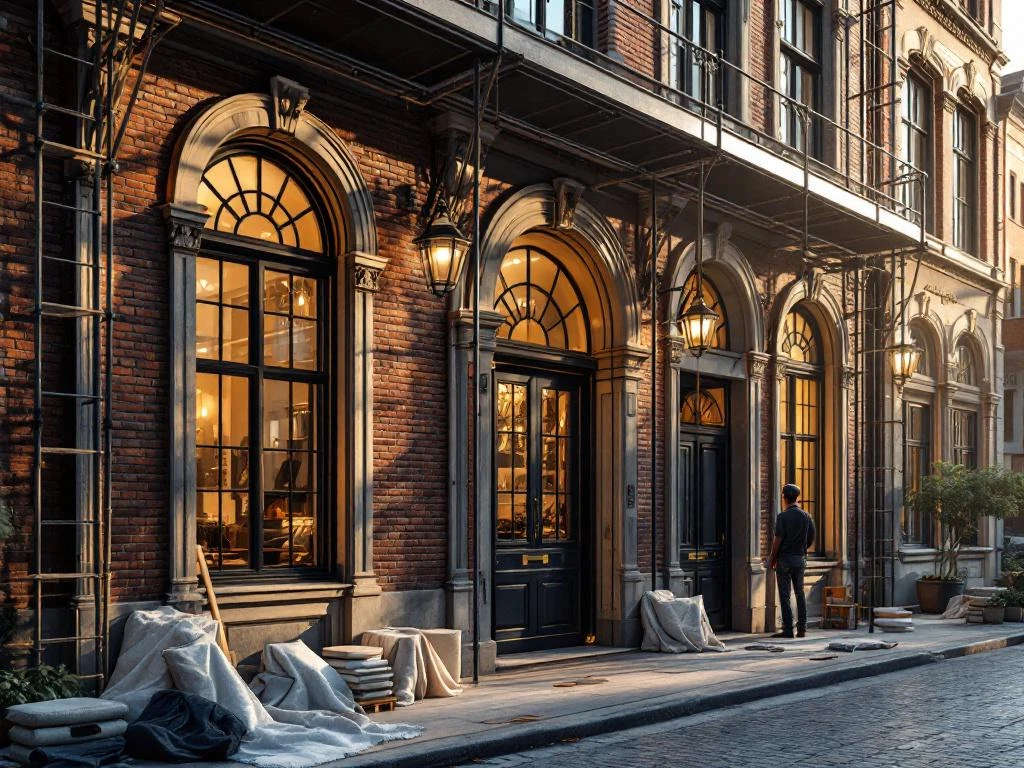 Historisch gebouw met steiger tijdens renovatie, Nederlandse gevels, ambachtslieden gereedschap, gouden uur verlichting