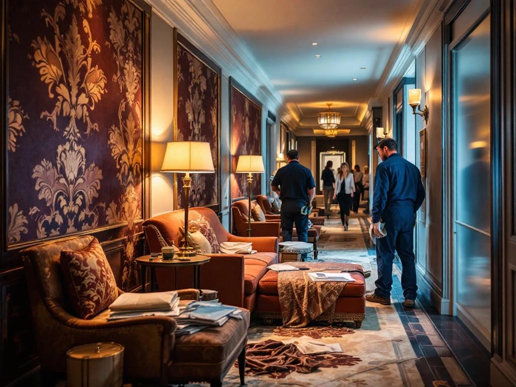 Professionele stoffeerders renoveren hotelmeubilair met luxe bordeaux en gouden stoffen terwijl gasten ongestoord passeren