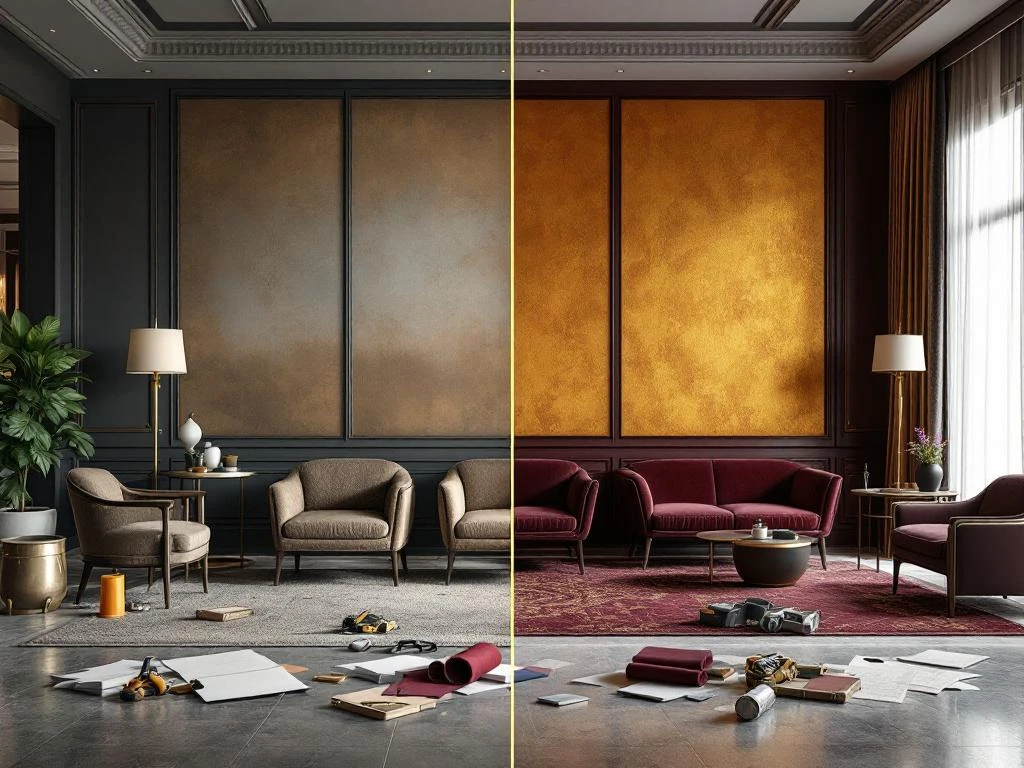 Luxe hotellobby renovatie voor en na vergelijking met burgundy gouden stoffering en elegante meubelstoffering