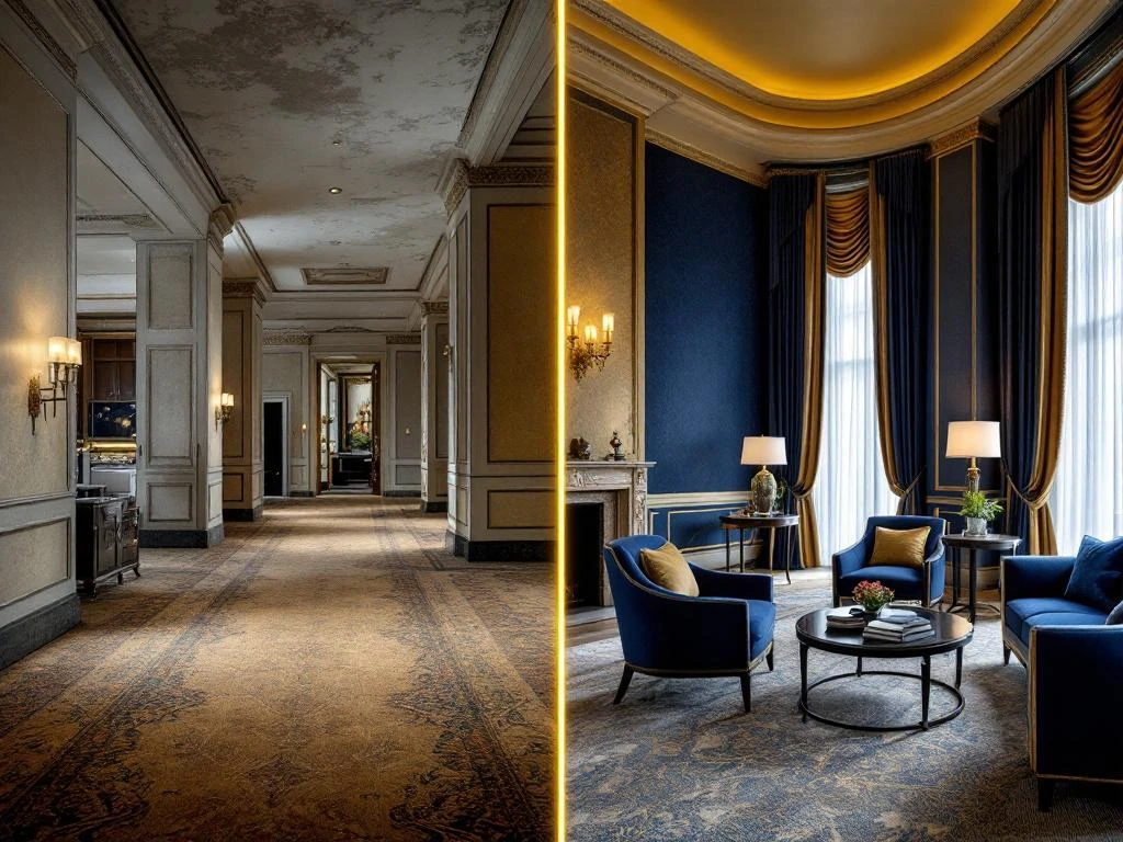 Hotel lobby voor en na renovatie: links versleten interieur, rechts luxe herinrichting met marineblauw en goud meubilair