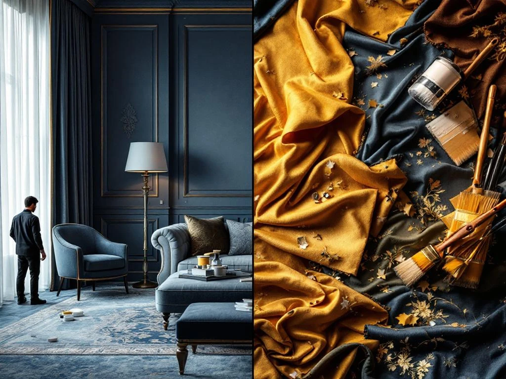 Luxe hotelinterieur tijdens renovatie met stoffering, gordijnen en tapijt in blauw en goud tinten
