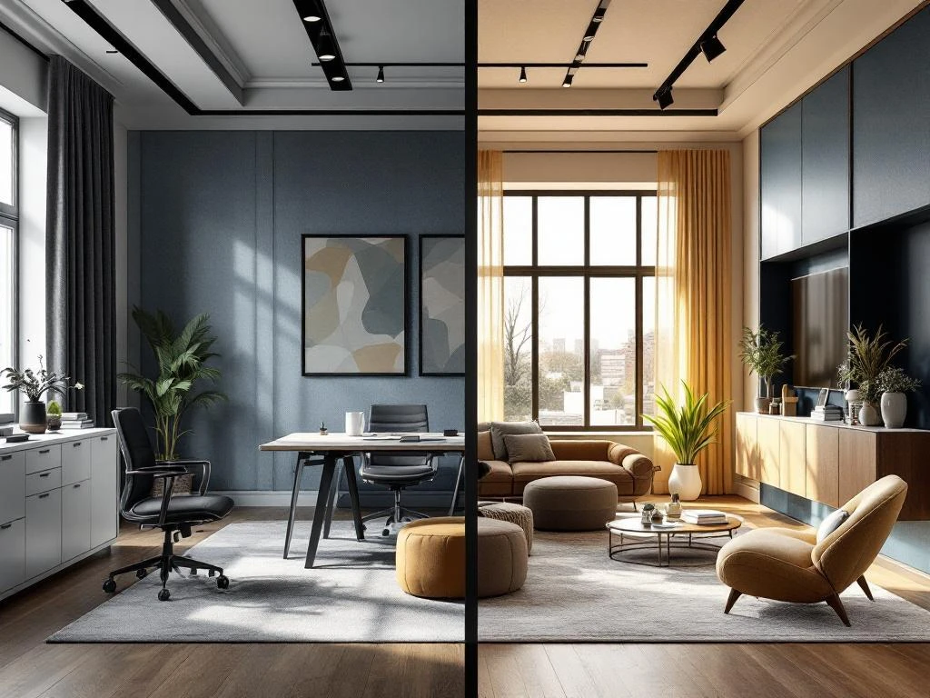 Split-screen kantoorruimte toont transformatie van traditioneel naar modern hybride werkplekontwerp met flexibele meubels