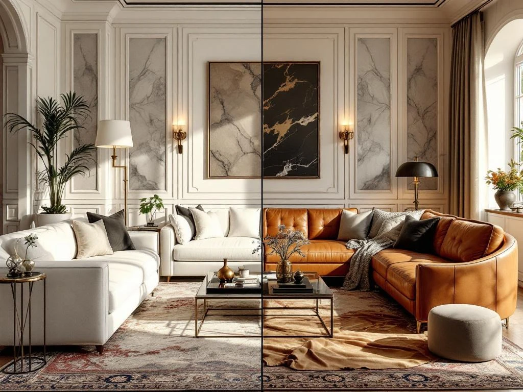 Luxe woonkamer split-screen: witte meubels en marmer links, leren stoelen en praktische materialen rechts