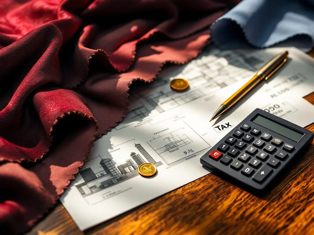 Luxe stoffen stalen in bordeaux en marineblauw op houten bureau met bouwplannen, calculator en financiële documenten