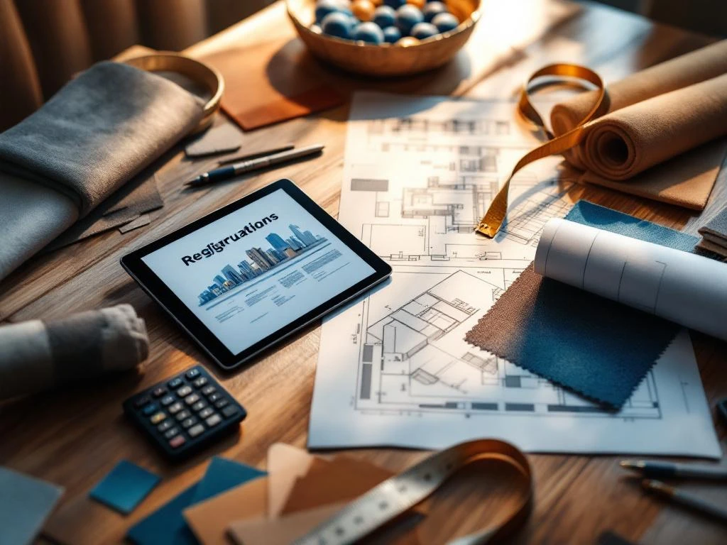 Bouwplannen en juridische documenten op houten bureau met tablet, rekenmachine en stoffenstalen voor renovatieproject