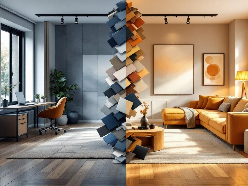 Renovatie vergelijking: moderne kantoorinrichting links, gezellige woonkamer rechts met materiaalstalen ertussen