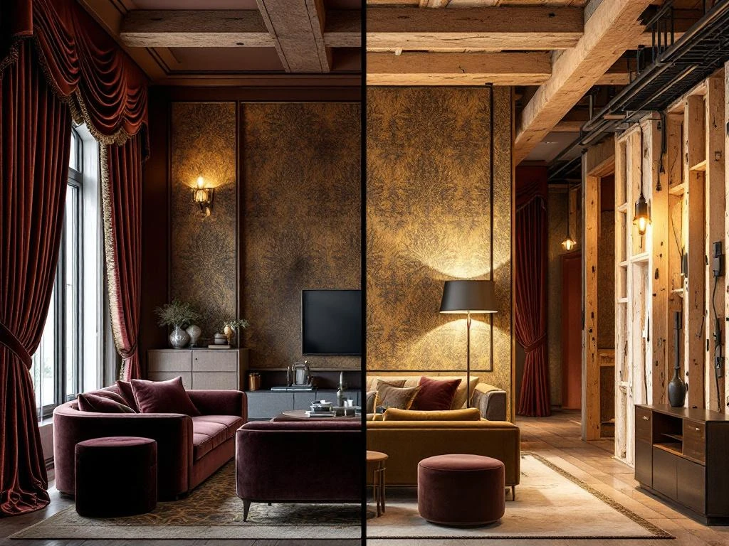 Luxe woonkamer renovatie vergelijking: afgewerkte ruimte met fluwelen meubilair links, blootgelegde balken rechts