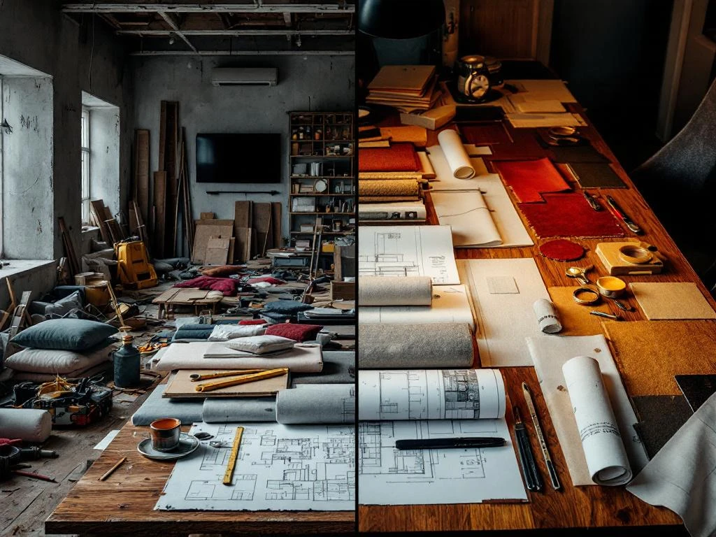 Vergelijking van chaotische bouwplaats versus georganiseerde renovatiewerkruimte met stoffenmonsters en gereedschap