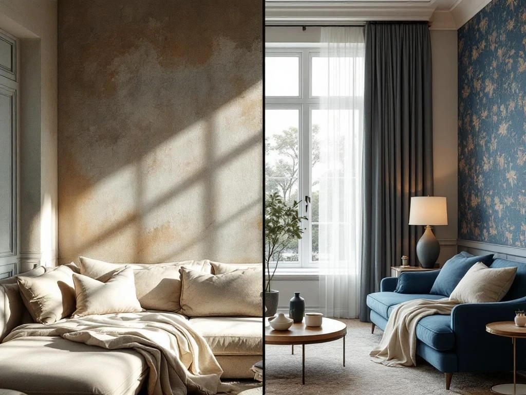 Voor-en-na renovatie interieur met versleten meubels links en luxe moderne stoffering in blauw en crème rechts
