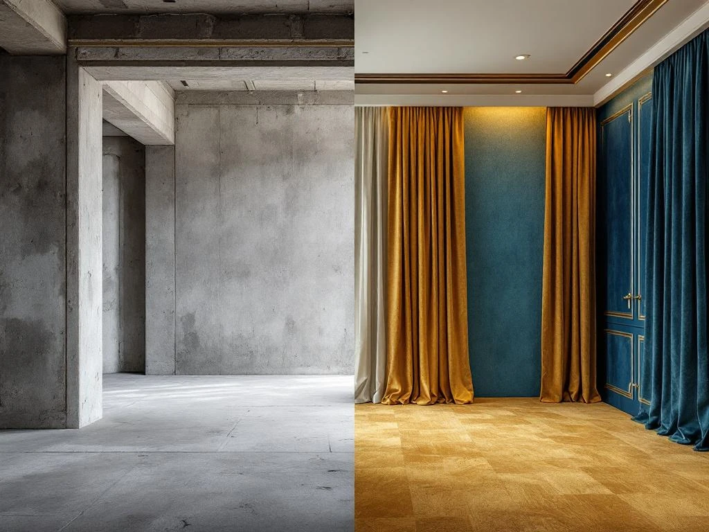 Voor-en-na renovatie vergelijking: kale ruimte met betonvloer wordt luxe interieur met stoffen wandbekleding en gouden accenten