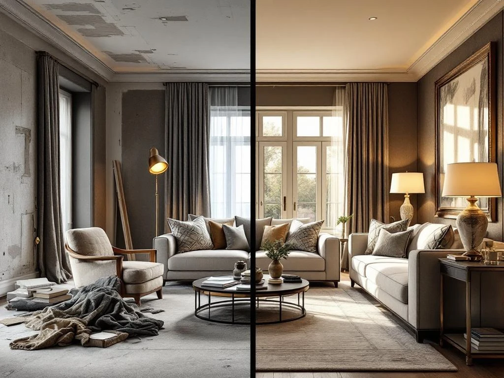 Voor-en-na vergelijking van luxe interieur renovatie met elegante meubels en premium stoffen