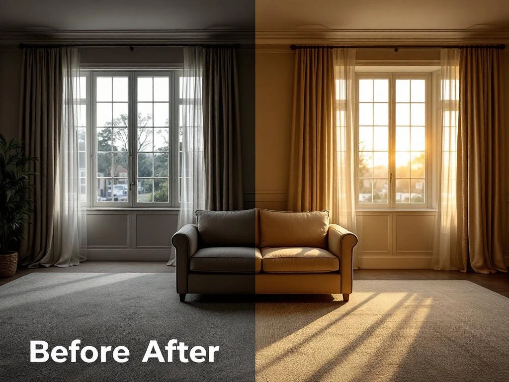 Dramatische voor-en-na renovatie vergelijking van woonkamer met versleten vloerbedekking versus luxe nieuwe inrichting