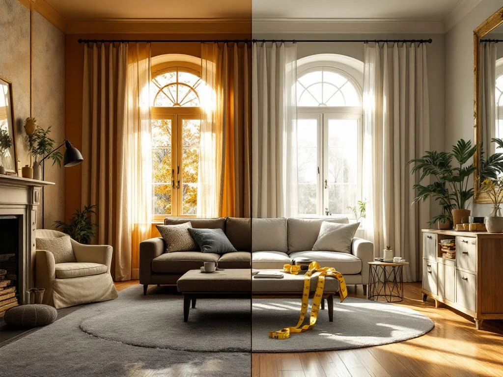 Voor en na renovatie van woonkamer met versleten versus moderne stoffering, gordijnen en vloerbedekking