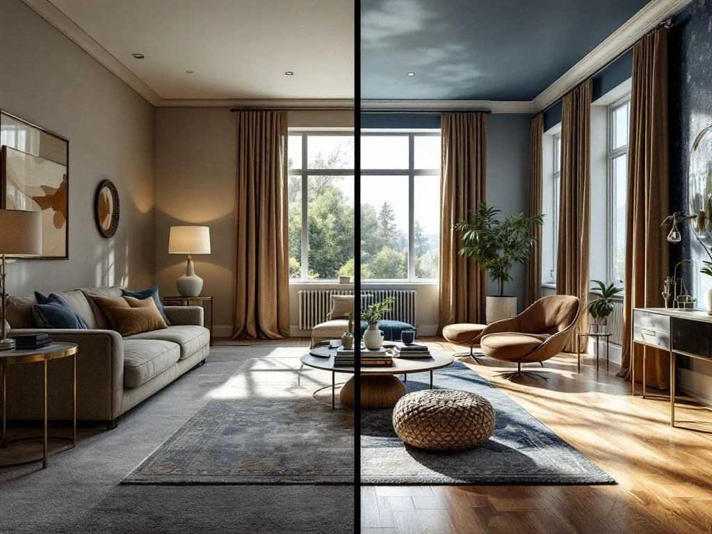 Voor-en-na interieur renovatie: verouderde kamer met versleten vloerbedekking wordt elegant gerenoveerd met premium materialen