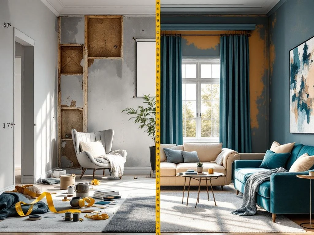 Interieur renovatie voor en na: onafgewerkte kamer met gereedschap links, elegante afgewerkte ruimte rechts