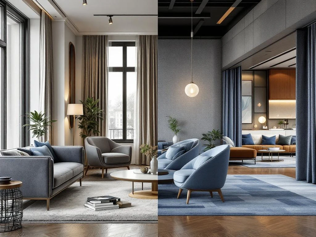 Split-screen interieurontwerp toont huidige kamer met elegante meubels en uitgebreide versie met modulaire elementen