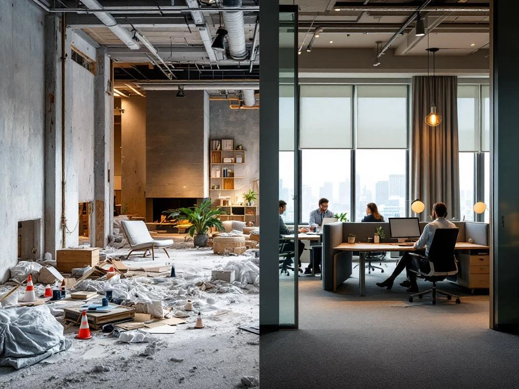 Kantooropbouw split-screen: chaotische renovatie links, werknemers in georganiseerde tijdelijke werkruimte met stoffen scheidingswanden rechts