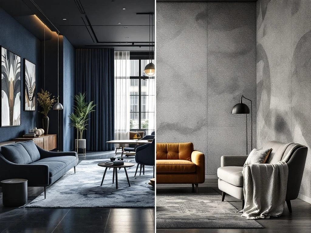 Moderne kantoor renovatie voor en na: luxe stoffering en wandbekleding in marineblauw en grijs met vakmanschap details