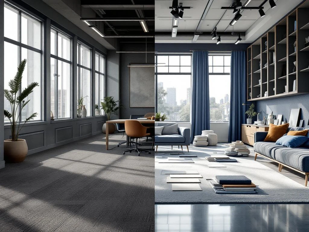 Kantoor renovatie voor en na vergelijking met moderne textielwanden, luxe meubels en natuurlijk licht door grote ramen