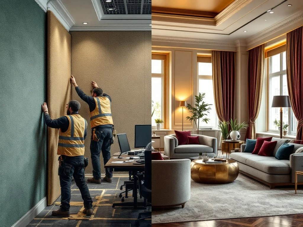 Kantoor renovatie voor en na: werknemers installeren wandbekleding links, luxe afgewerkte ruimte rechts