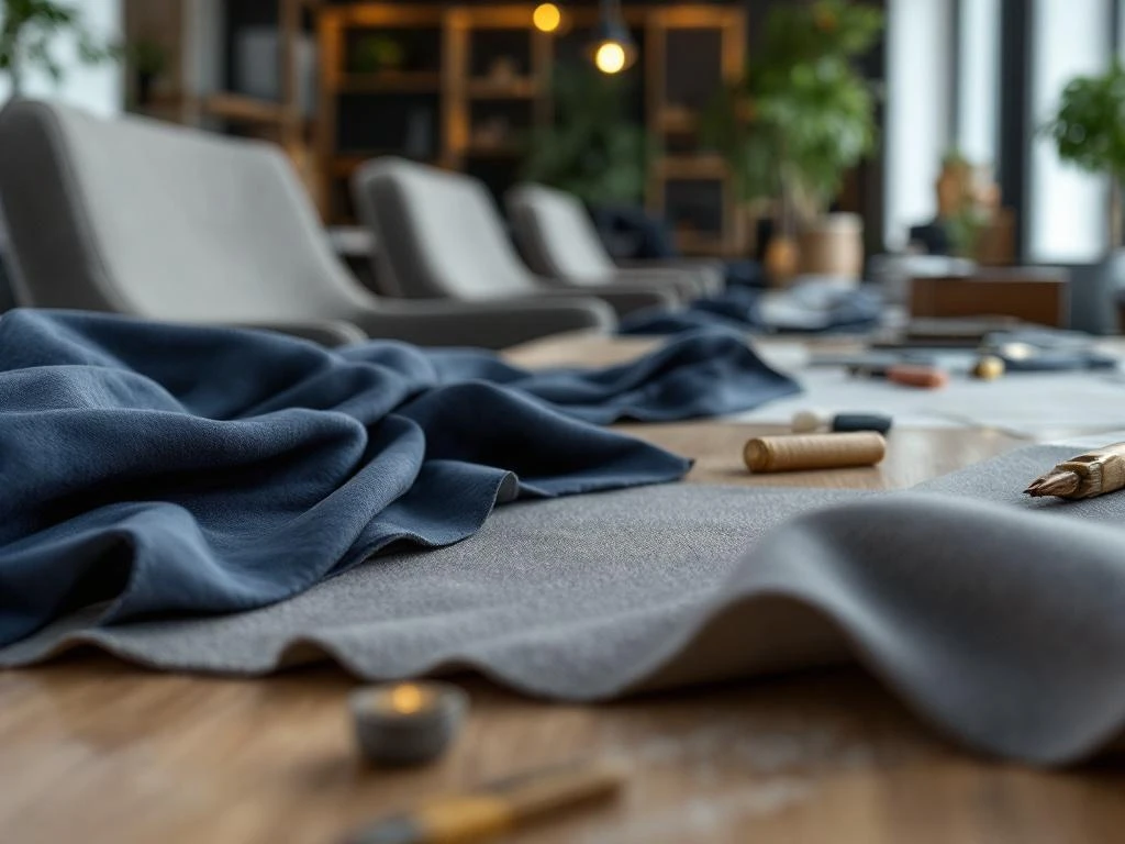 Kantoor renovatie met luxe stoffering in marineblauw en grijs, professionele gereedschappen op houten tafel