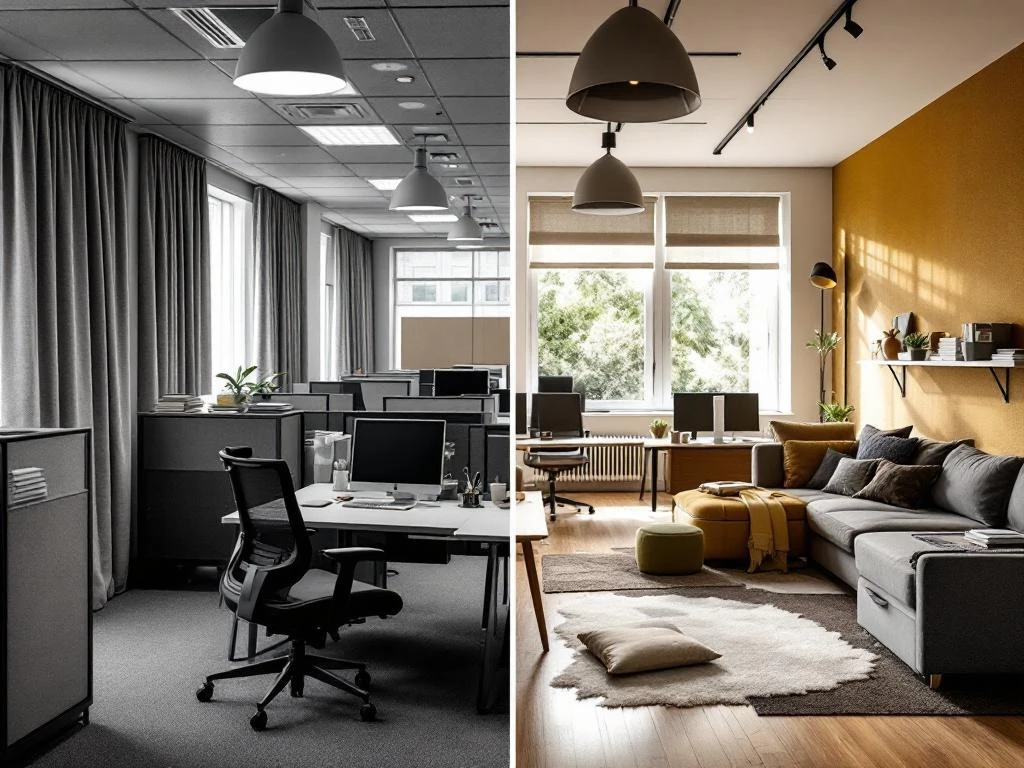 Kantoorinterieur transformatie van verouderde werkplekken naar moderne flexibele werkruimte met modulair meubilair