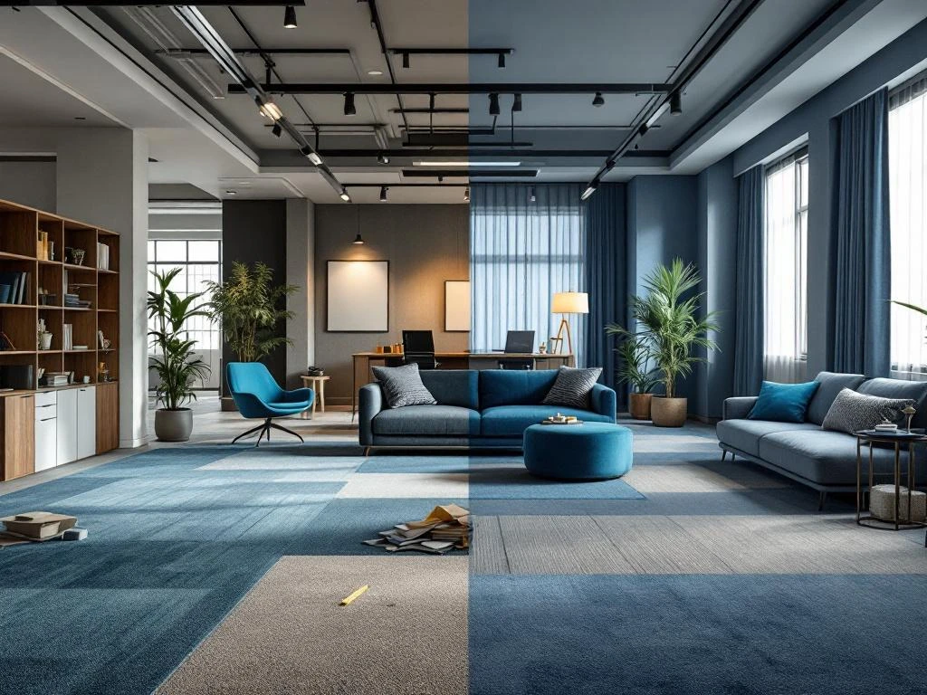 Kantoorruimte renovatie voor en na vergelijking met oude en moderne inrichting, blauw-grijze stoffering en gereedschap