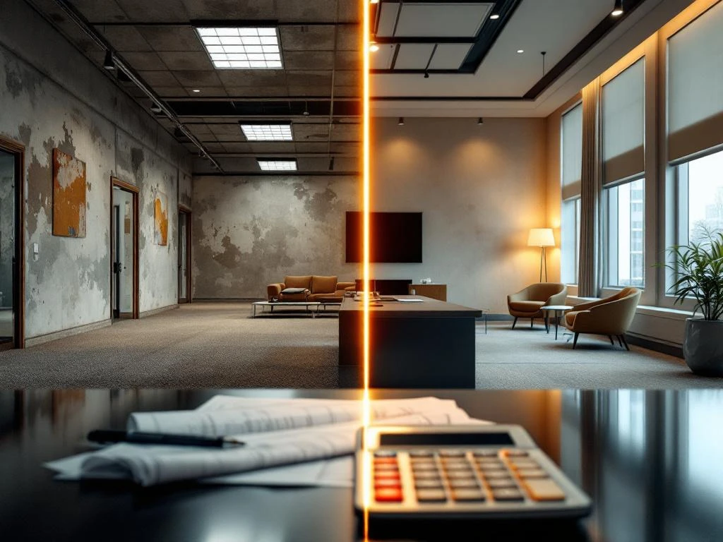 Kantoor renovatie voor en na vergelijking met blauwdrukken en calculator op voorgrond, toont transformatie van verouderde naar moderne ruimte