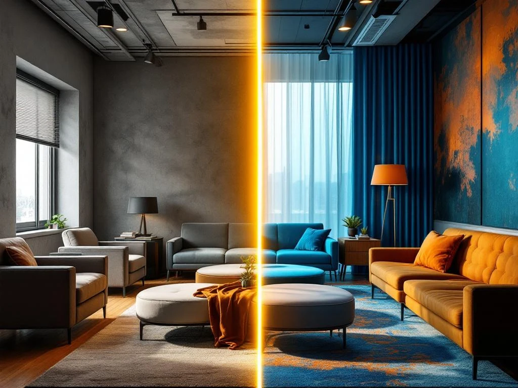 Voor-en-na kantoor renovatie: verouderde grijze ruimte getransformeerd naar moderne werkplek met blauwe en oranje stoffering