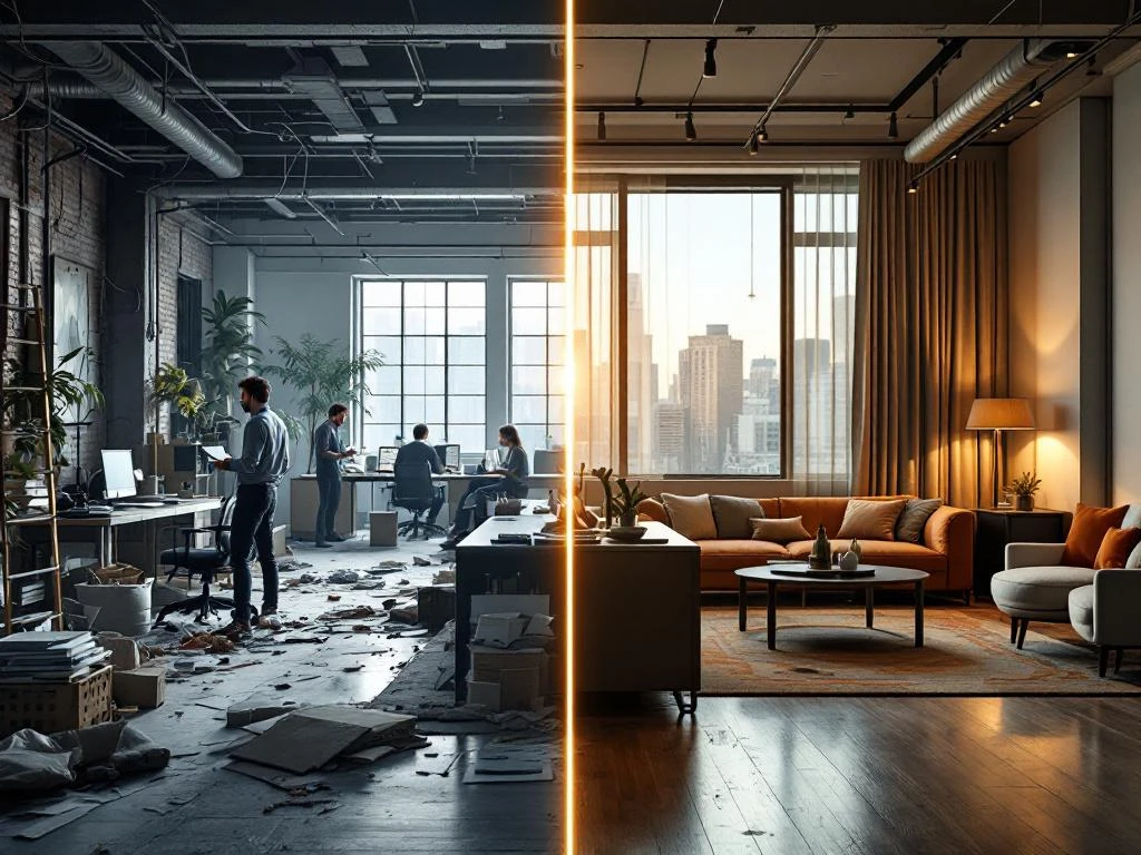 Kantoor renovatie voor en na vergelijking: rommelige werkplek met blootliggende bedrading wordt luxe professionele ruimte