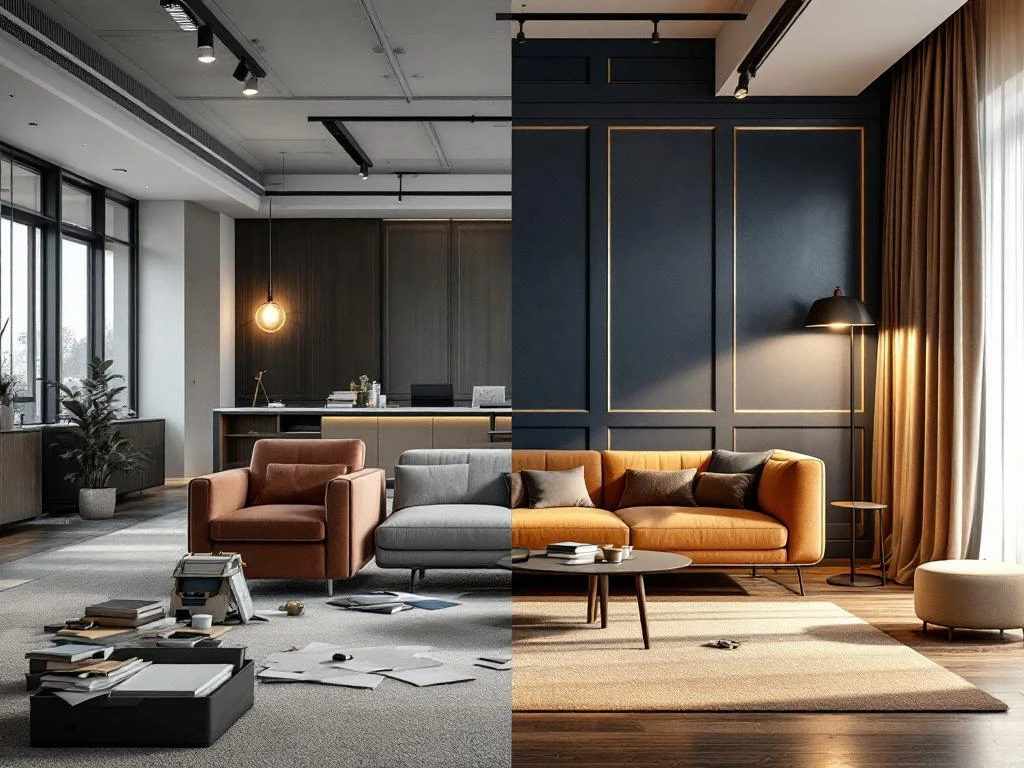 Kantoor renovatie voor en na vergelijking met moderne meubilair en donkerblauwe inrichting