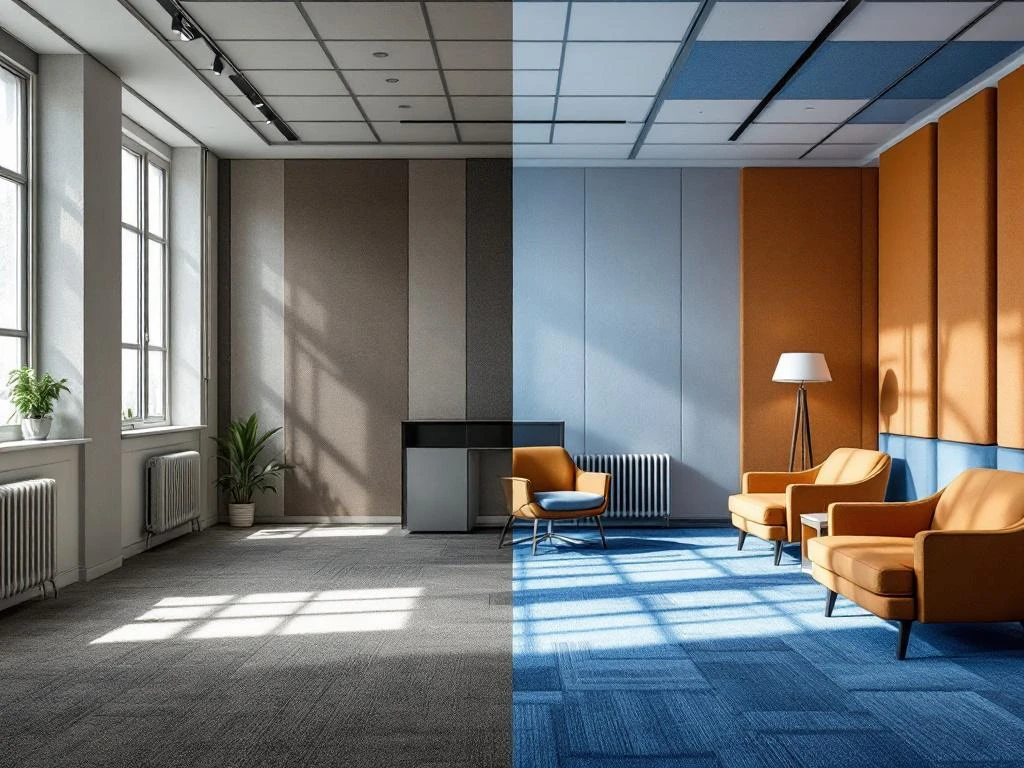 Kantoor renovatie voor en na: versleten grijze ruimte getransformeerd tot moderne werkplek met blauwe stoffen panelen