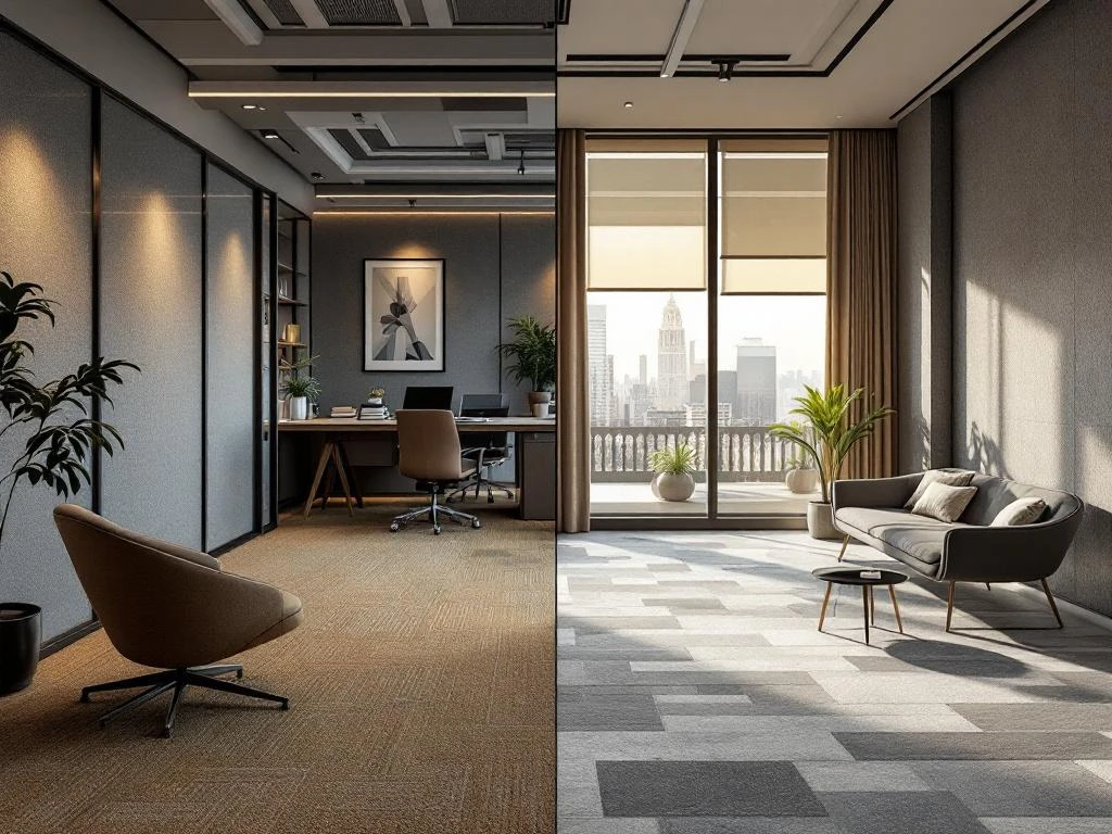 Kantoor renovatie voor en na vergelijking met moderne stoffering, verlichting en luxe meubilair transformatie