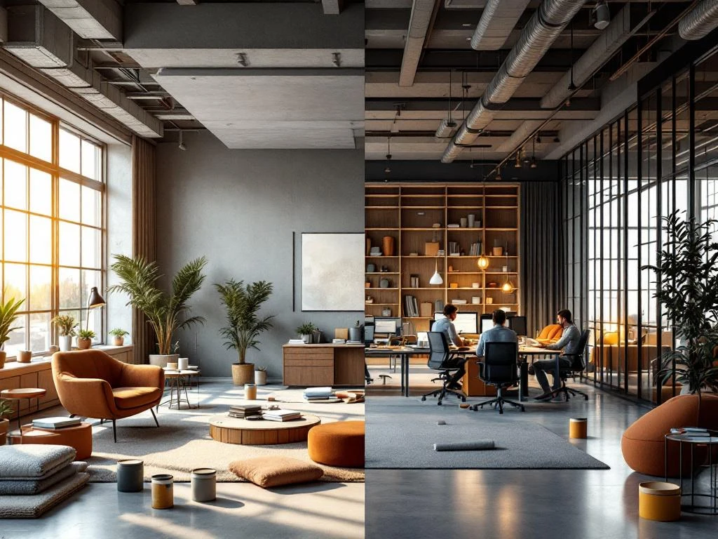 Kantoor renovatie met werknemers aan bureaus terwijl bouwmaterialen en stoffenmonsters zichtbaar zijn in half-afgebouwde ruimte