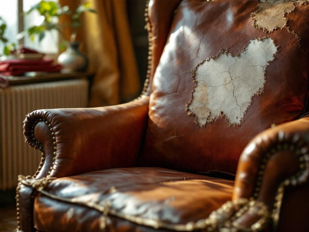 Versleten leren fauteuil met scheuren en vervaagde plekken, met herbekledingsgereedschap op de achtergrond