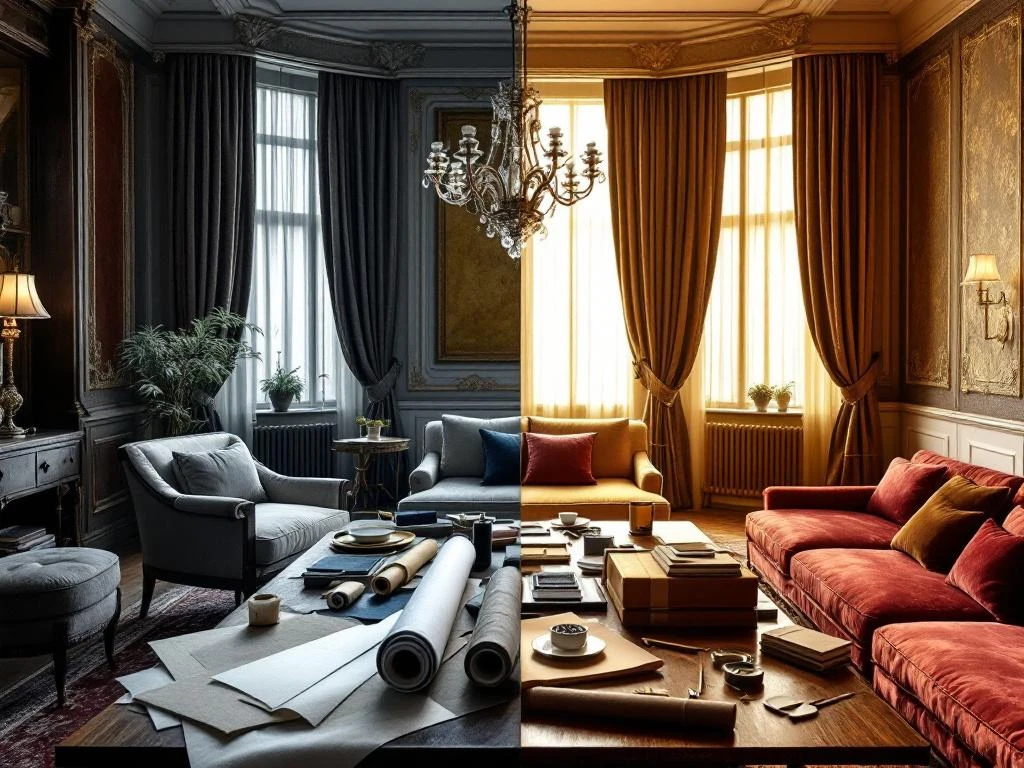 Luxe hotelsuite tijdens renovatie toont contrast tussen oude en nieuwe inrichting met burgundy stoffen en gouden accenten